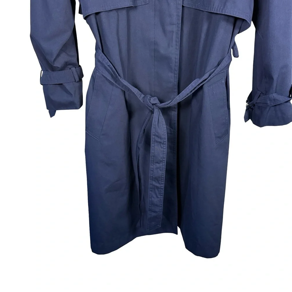 Image Navy Belted Trench Coat Size L or XL Classic Minimalist Outerwear - Picture 15 of 15